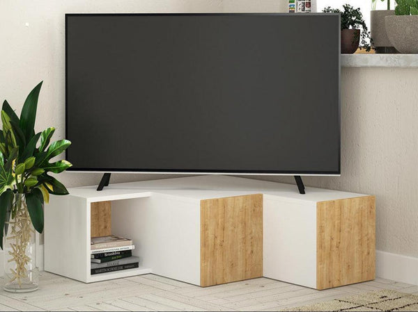 Meuble Tv Angle avec 2 Tiroirs Blanc et Chene - HomeDeco