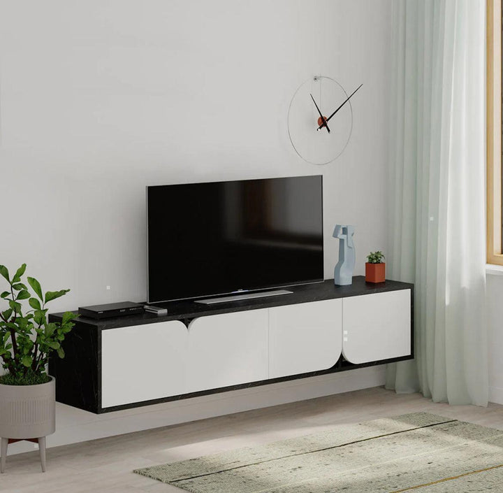 Meuble TV moderne SPARO 180 cm - Design suspendu - Noir et Blanc - HomeDeco