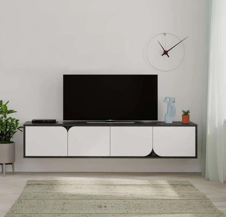 Meuble TV moderne SPARO 180 cm - Design suspendu - Noir et Blanc - HomeDeco