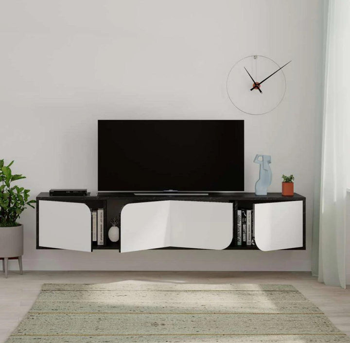 Meuble TV moderne SPARO 180 cm - Design suspendu - Noir et Blanc - HomeDeco