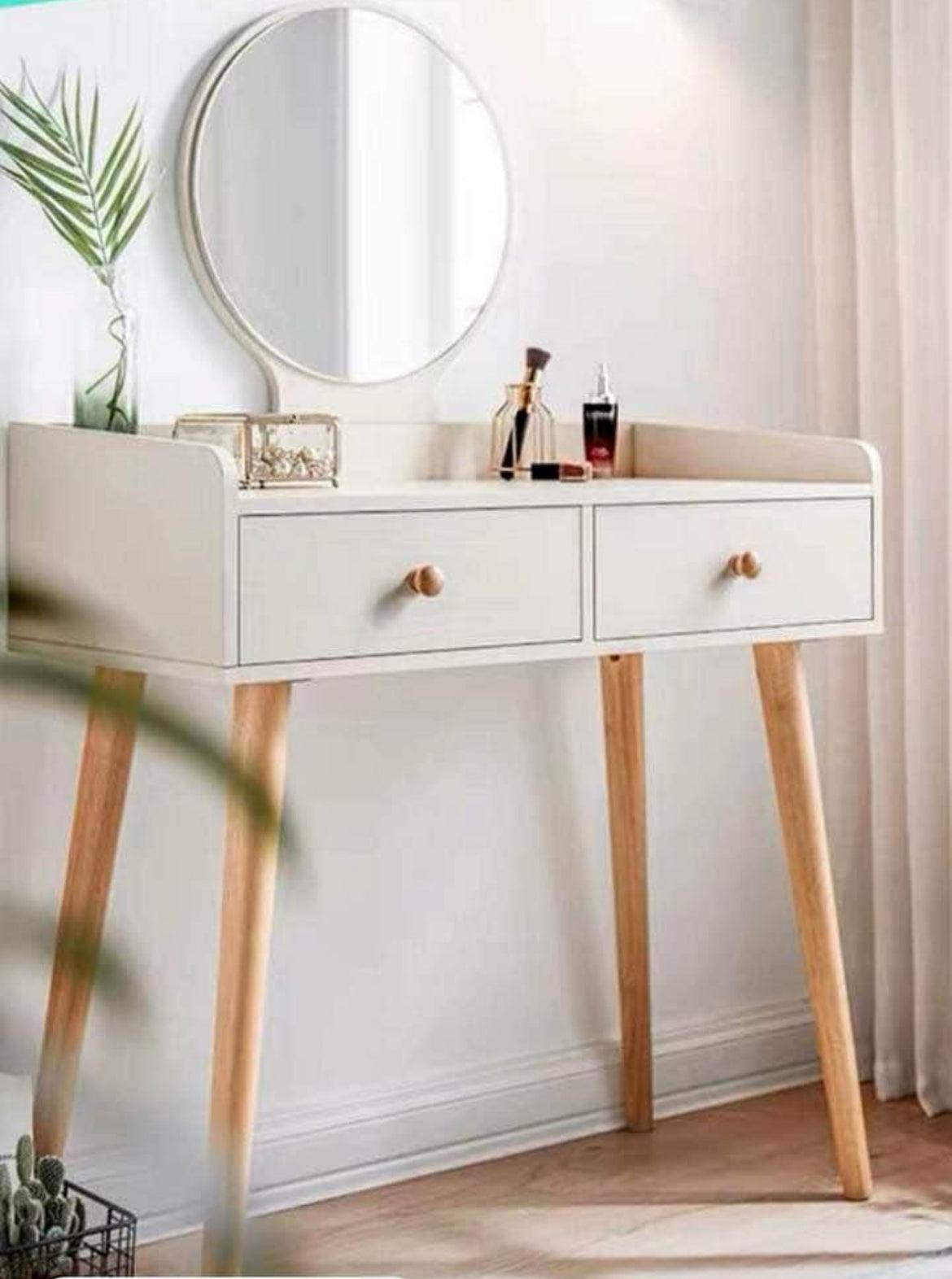 Coiffeuse MOSCO avec miroir avec 2 Tiroir - blanc et chêne HomeDeco.ma