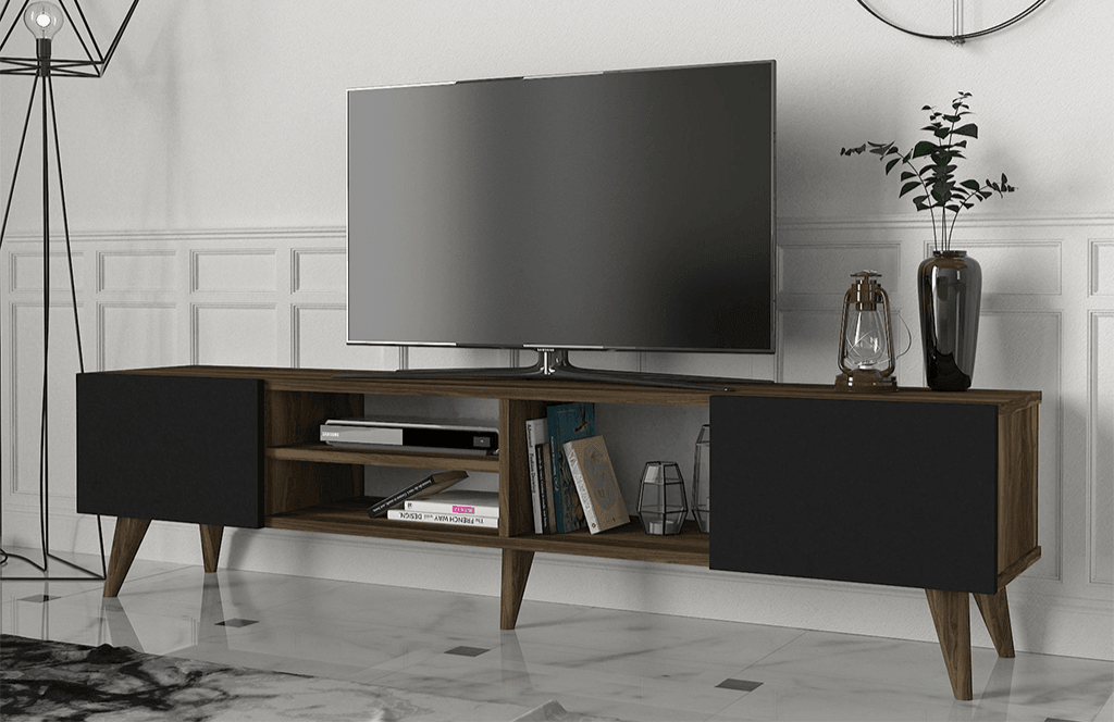 Stand TV ADNOS 160cm - Noyer et Noir - Ameublement Maroc HomeDeco.ma