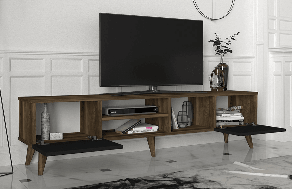 Stand TV ADNOS 160cm - Noyer et Noir - Ameublement Maroc HomeDeco.ma