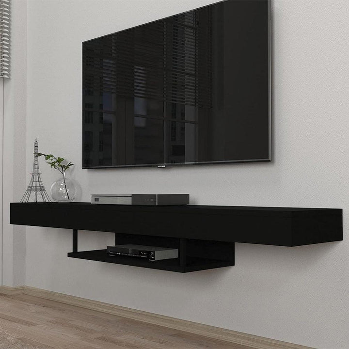 Meuble TV design suspendu avec Eclairage LED ALBERET 150 cm - Noir - HomeDeco