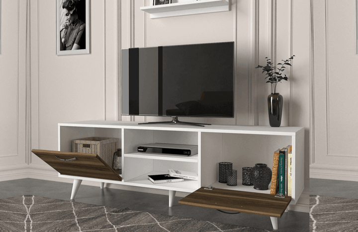 Meuble TV AYKIL 160cm - Noyer et Blanc - Salon et séjour - HomeDeco