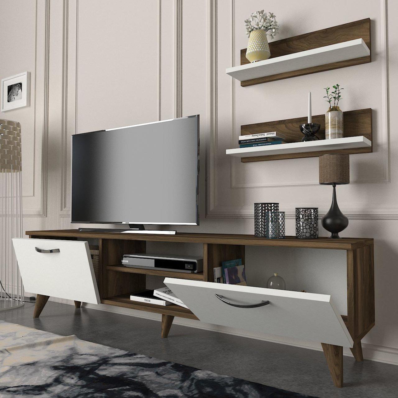 Meuble TV AYDEN 180cm - Noyer et Blanc HomeDeco.ma