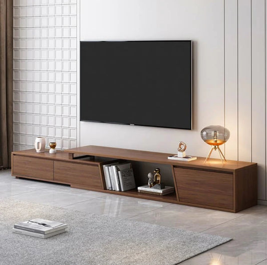 Fary Meuble TV Extensible Bois Noyer avec 3 Tiroirs HomeDeco