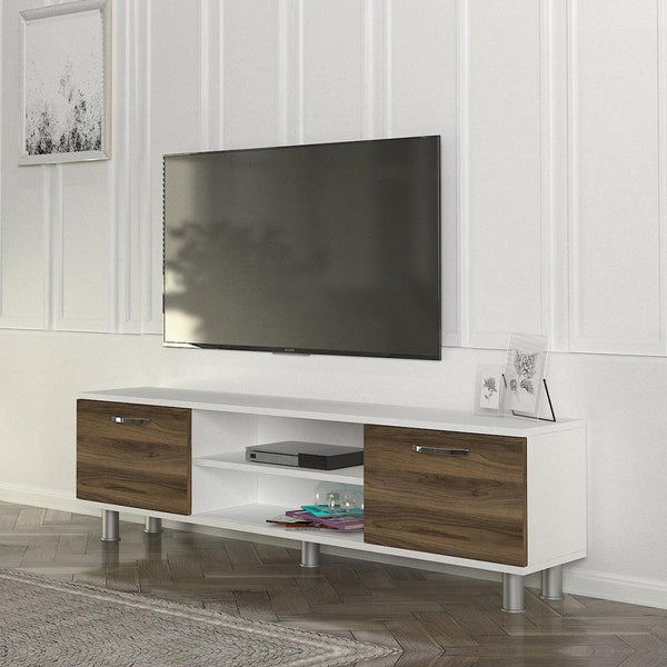 Meuble TV moderne DERMA 150 cm - Blanc et noyer - HomeDeco