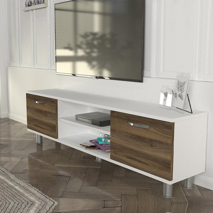 Meuble TV moderne DERMA 150 cm - Blanc et noyer - HomeDeco