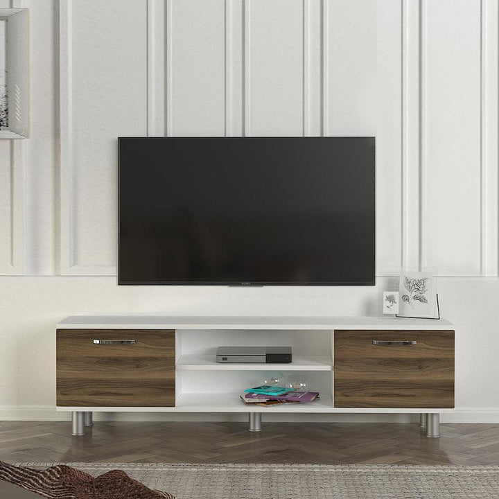 Meuble TV moderne DERMA 150 cm - Blanc et noyer - HomeDeco