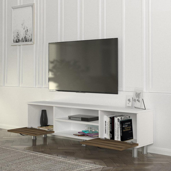 Meuble TV moderne DERMA 150 cm - Blanc et noyer - HomeDeco