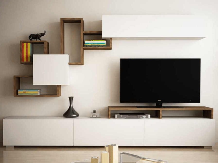 Meuble TV ELIT 210cm avec Rangement mural  - Noyer et Blanc - Ameublement Maroc HomeDeco.ma