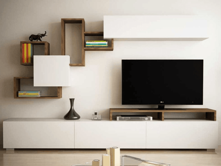 Meuble TV ELIT 210cm avec Rangement mural - Noyer et Blanc - Ameublement Maroc - HomeDeco