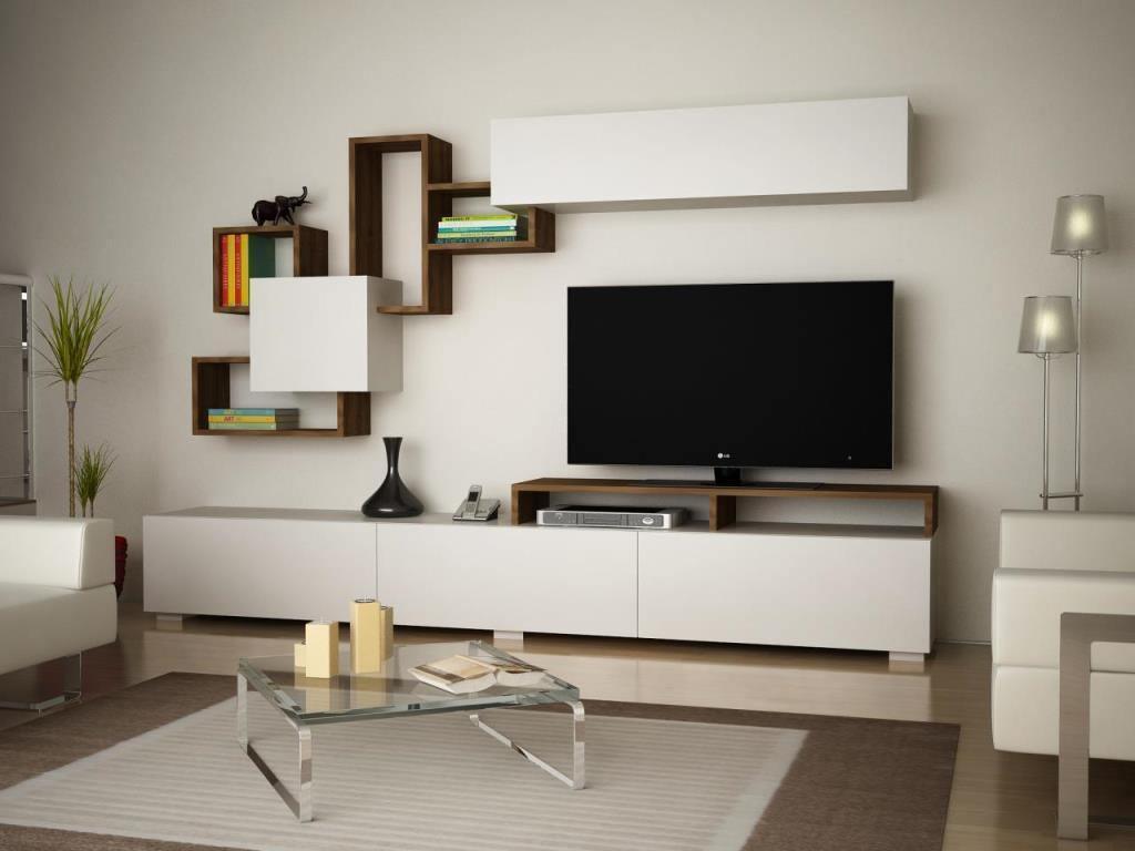 Meuble TV ELIT 210cm avec Rangement mural  - Noyer et Blanc - Ameublement Maroc HomeDeco.ma