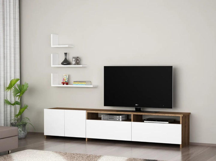 Meuble TV NORDIC 180cm - Noyer et blanc - HomeDeco