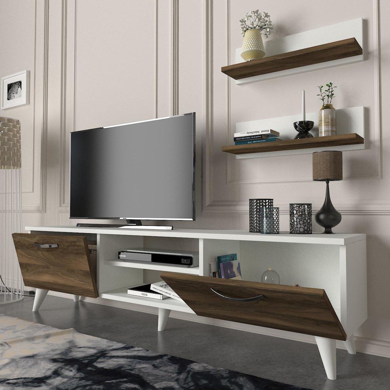 Meuble TV SELCAEG 180cm - Blanc et Noyer - Salon et séjour HomeDeco.ma