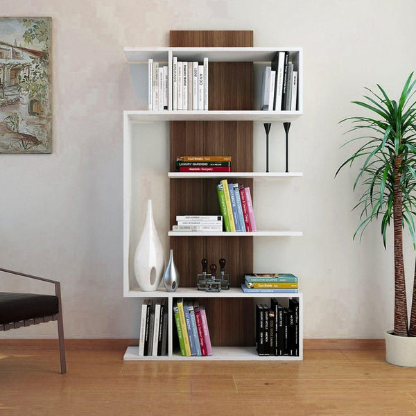 Bibliothèque JADE 172cm - Blanc et Noyer - HomeDeco