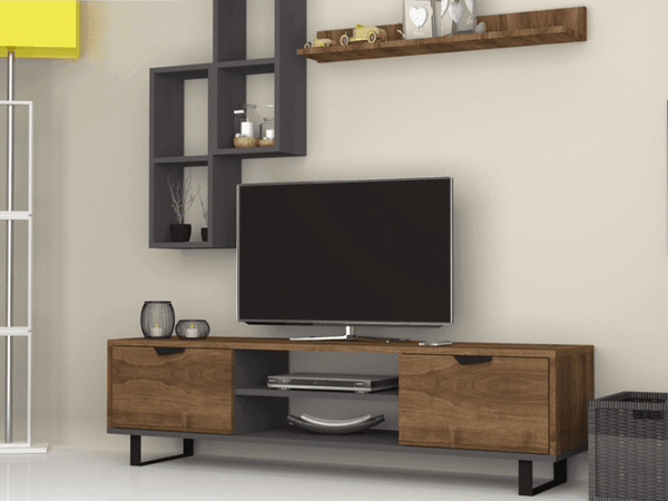 LONSA 160cm - Ensemble de Meuble TV avec Rangement - Noyer et Gris Anthracite - HomeDeco