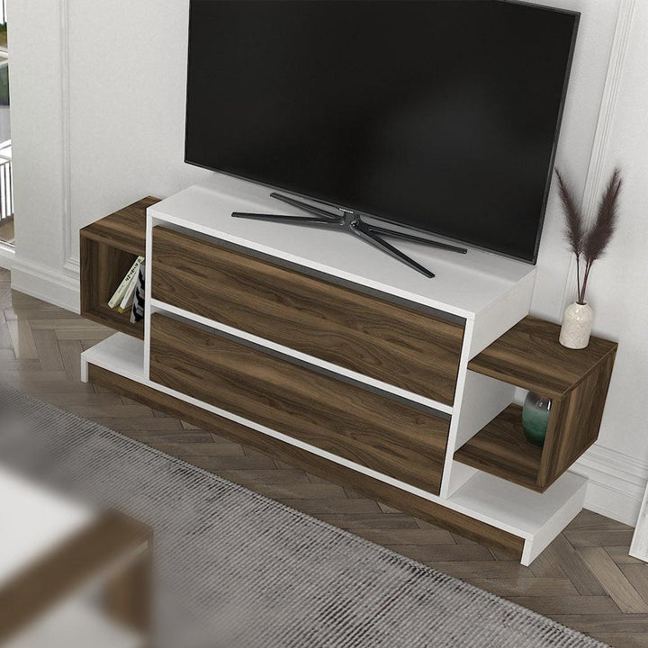 Meuble TV ARGI 134 cm avec 2 étagères murales - Noyer et blanc - HomeDeco
