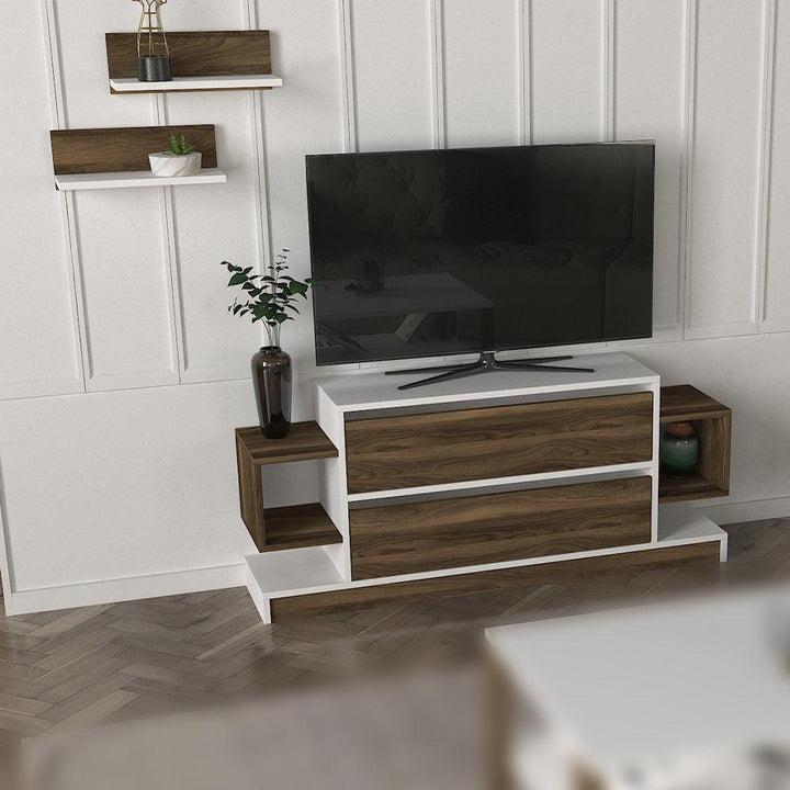 Meuble TV ARGI 134 cm avec 2 étagères murales - Noyer et blanc - HomeDeco