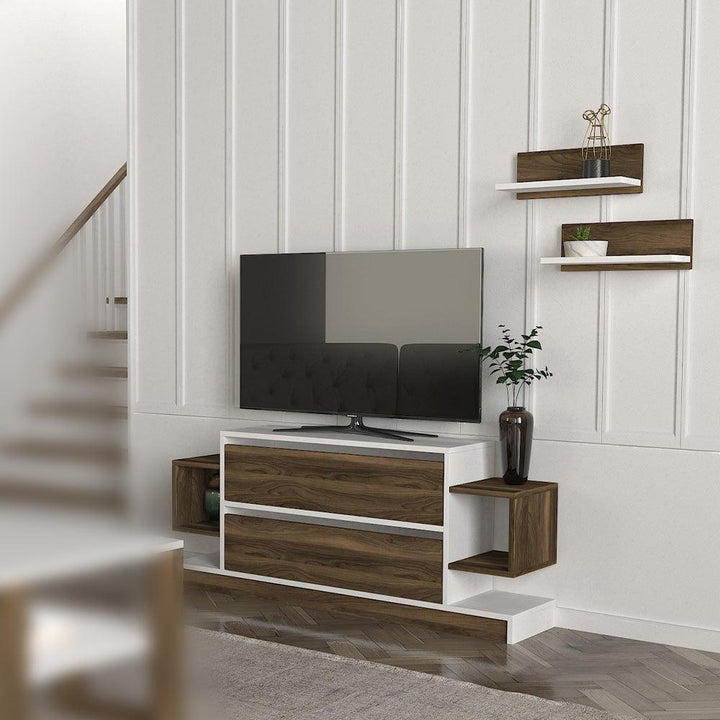 Meuble TV ARGI 134 cm avec 2 étagères murales - Noyer et blanc - HomeDeco