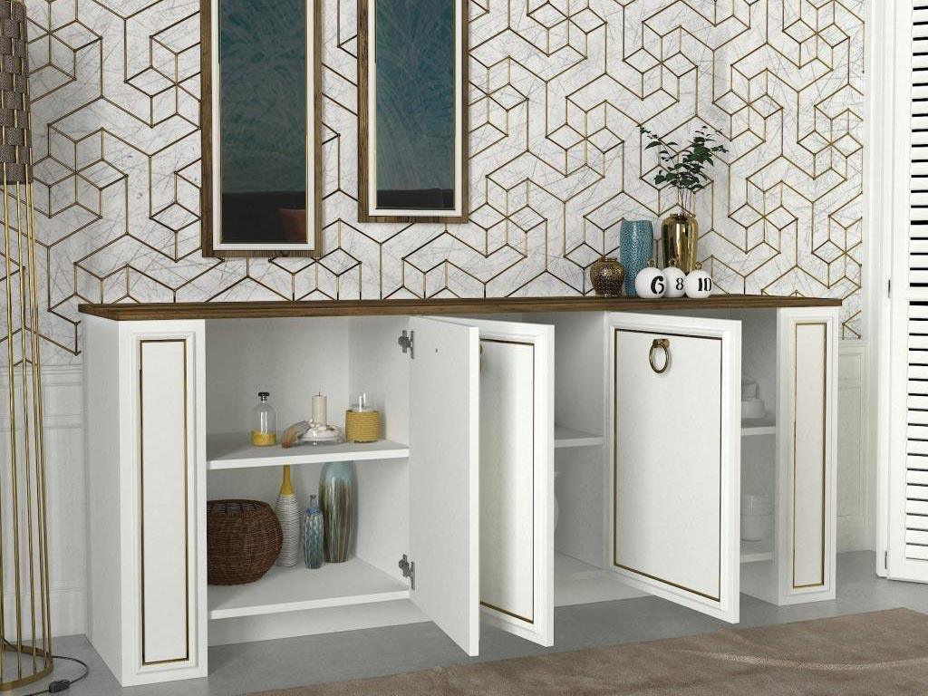 Buffet Console SANSA avec 2 miroirs - Blanc, Noyer et Doré - Entrée et séjour HomeDeco.ma