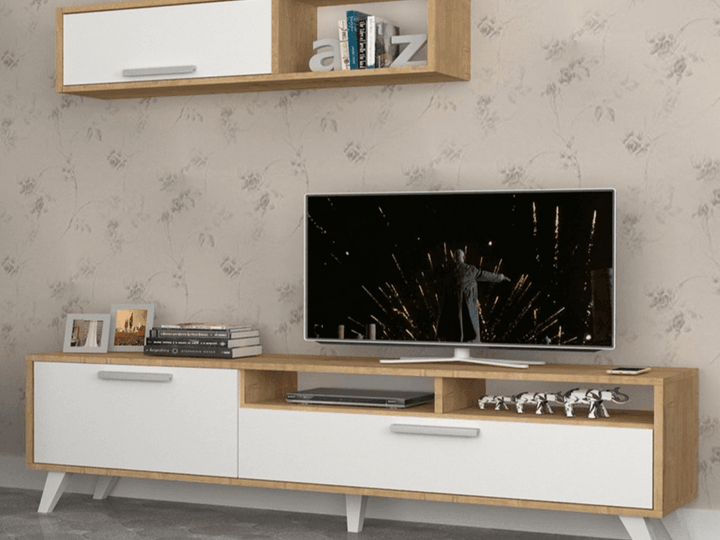 MILS 180CM - Meuble TV avec rangement - Chêne et Blanc - HomeDeco