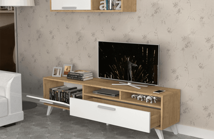 MILS 180CM - Meuble TV avec rangement - Chêne et Blanc - HomeDeco