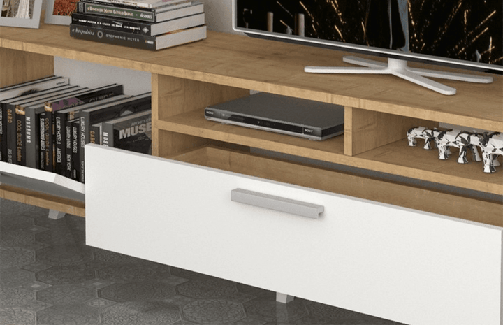 MILS 180CM - Meuble TV avec rangement - Chêne et Blanc - HomeDeco