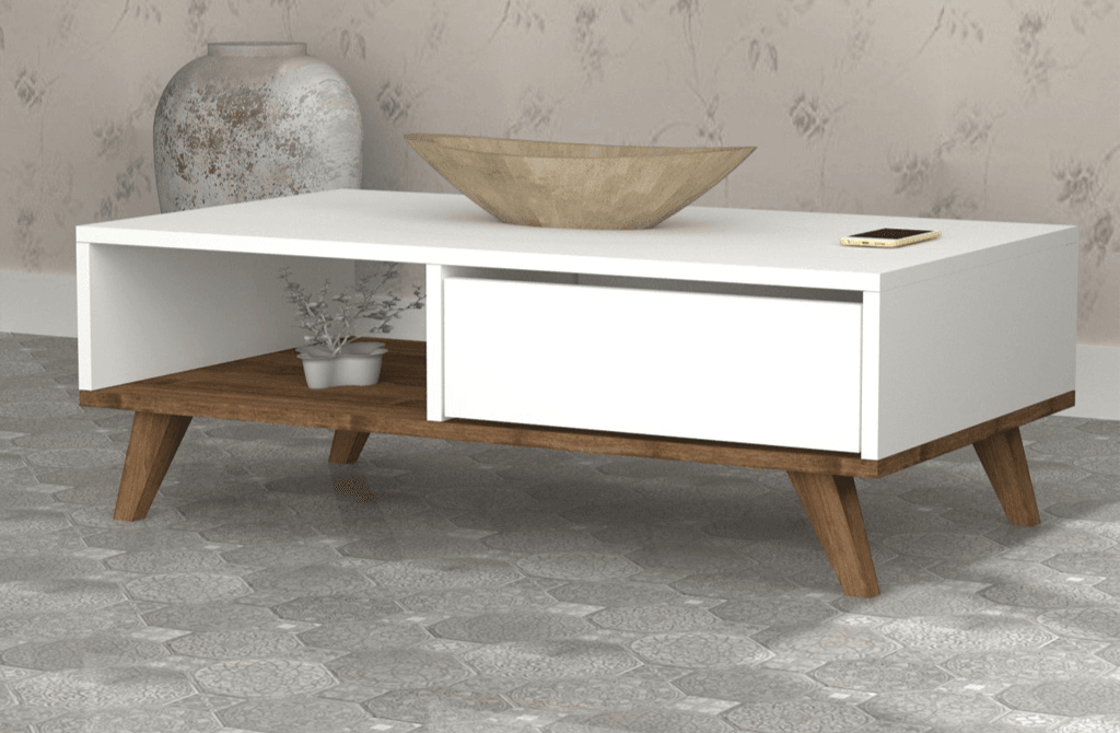 Table Basse MIRA 120cm - Blanc et noyer - Salon et séjour HomeDeco.ma