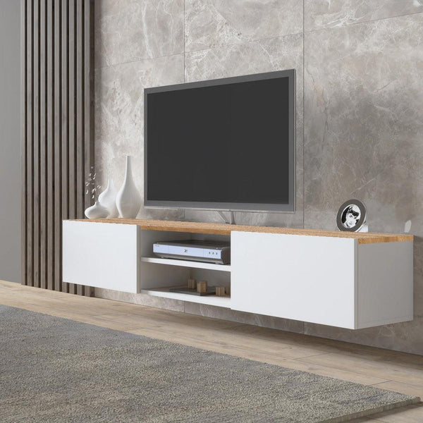 Meuble TV suspendu LONA 180 cm à 2 portes 2 niches - Blanc - HomeDeco