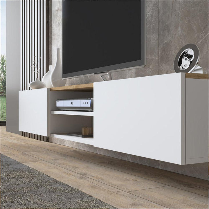 Meuble TV suspendu LONA 180 cm à 2 portes 2 niches - Blanc - HomeDeco