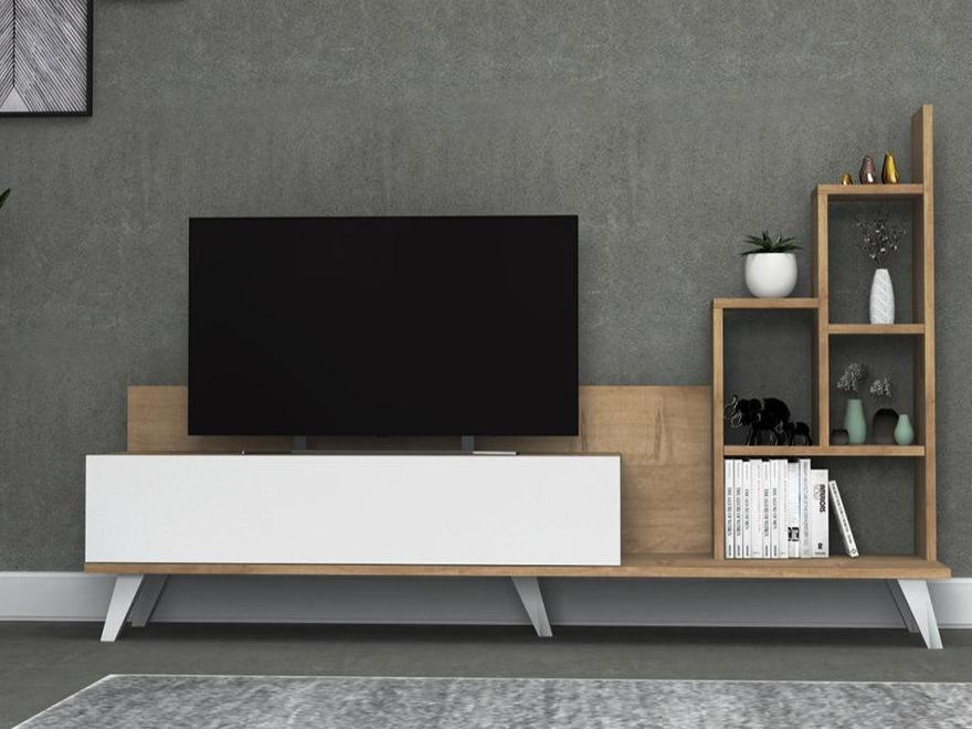 Meuble TV OGNIB avec rangement - Blanc et chêne - Salon et séjour HomeDeco.ma