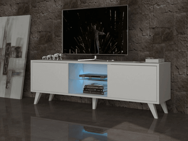 Stand TV PRONTO 150CM BLANC - Meuble TV avec éclairage LED - HomeDeco