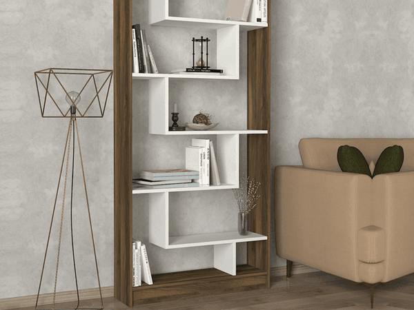 Bibliothèque RUPERT 180cm - Blanc et Noyer - étagères de rangement - HomeDeco