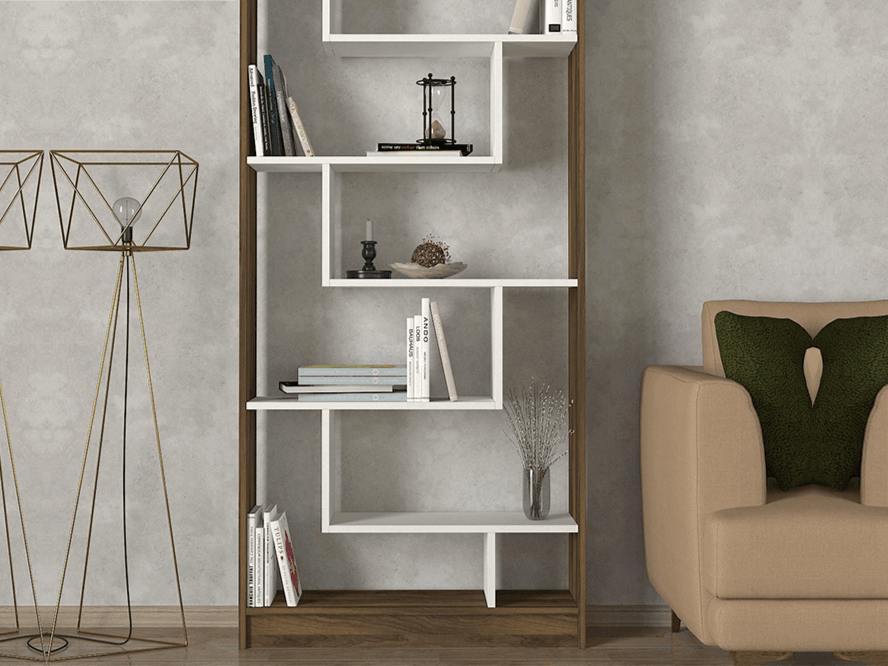 Bibliothèque RUPERT 180cm - Blanc et Noyer - étagères de rangement HomeDeco.ma