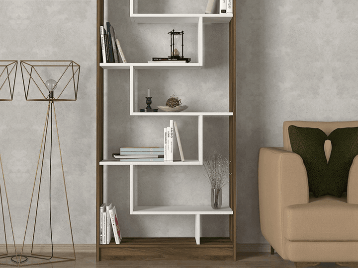 Bibliothèque RUPERT 180cm - Blanc et Noyer - étagères de rangement - HomeDeco