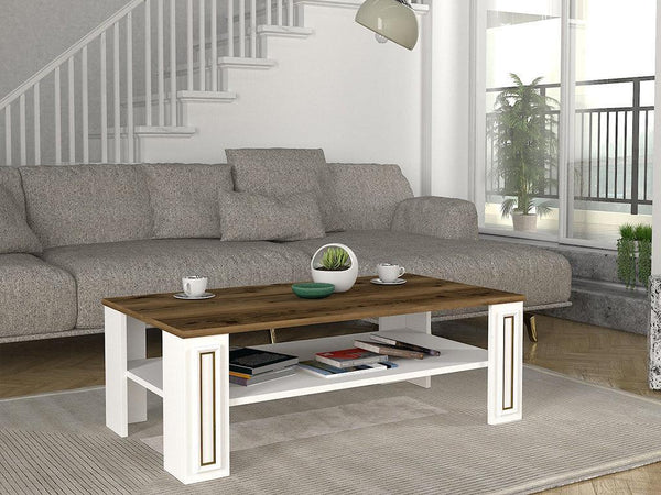 Table Basse SANSA - Blanc, Noyer et doré - Salon et Séjour - HomeDeco