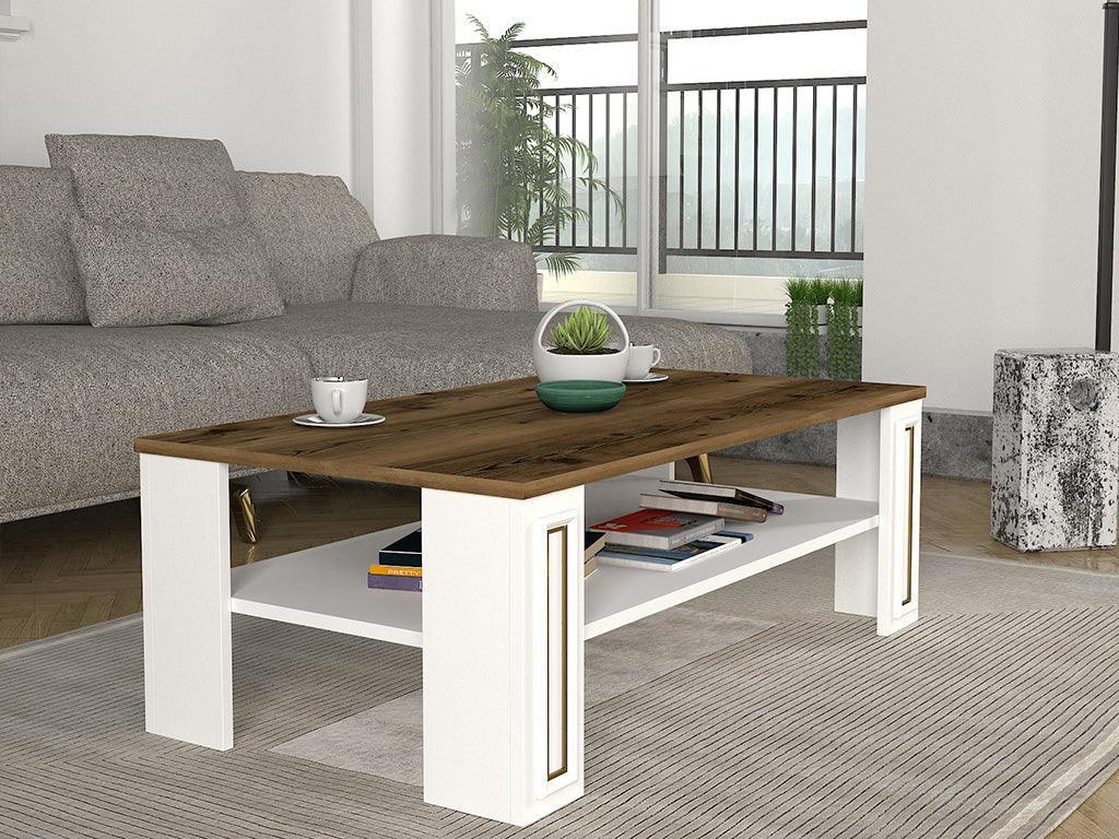 Table Basse SANSA - Blanc, Noyer et doré - Salon et Séjour HomeDeco.ma