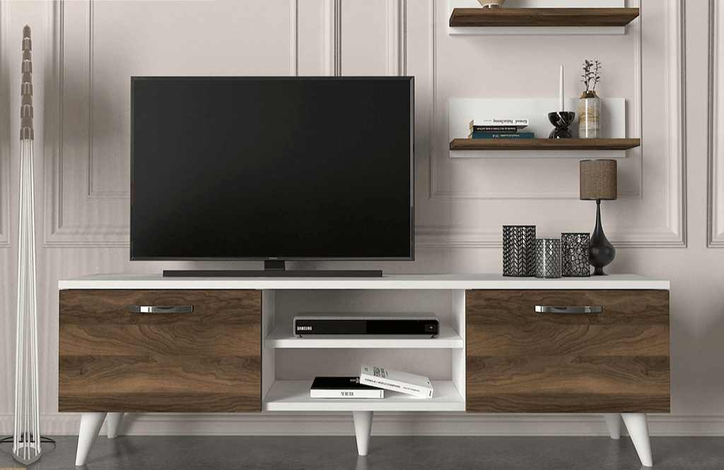 Meuble TV SELCAEG 180cm - Blanc et Noyer - Salon et séjour HomeDeco.ma