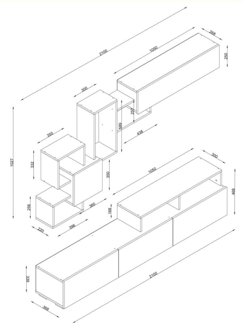 Meuble TV ELIT 210cm avec Rangement mural  - Noyer et Blanc - Ameublement Maroc HomeDeco.ma