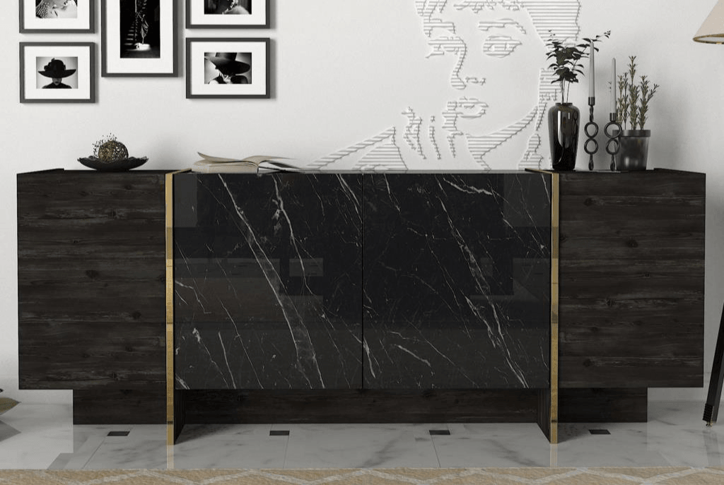 Buffet, Console VEYRON - Noir Charbon, Effet Marbre et Doré HomeDeco.ma