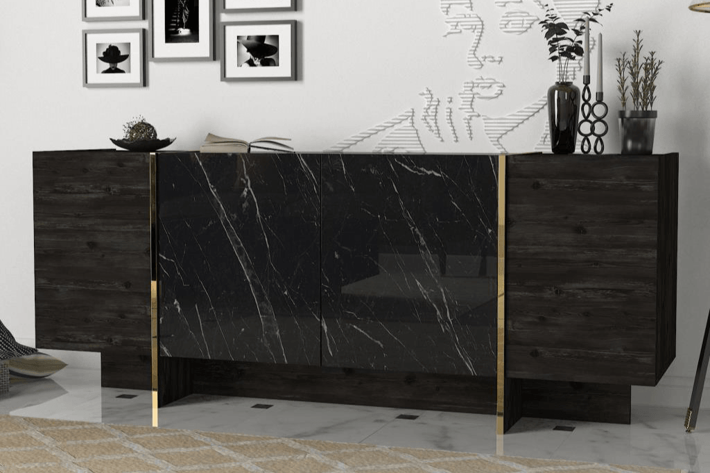 Buffet, Console VEYRON - Noir Charbon, Effet Marbre et Doré HomeDeco.ma