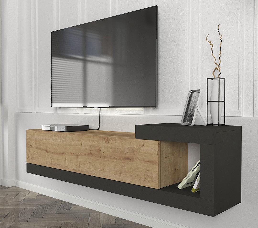 Meuble TV Suspendu VOLARE 150 cm - Gris anthracite et chêne HomeDeco.ma