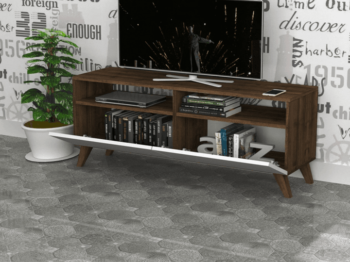 Meuble TV YOCNE - Noyer et Blanc - HomeDeco